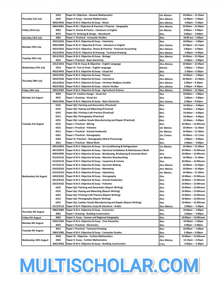 NECO Timetable 2024/2025 — June/July SSCE (DOWNLOAD PDF)