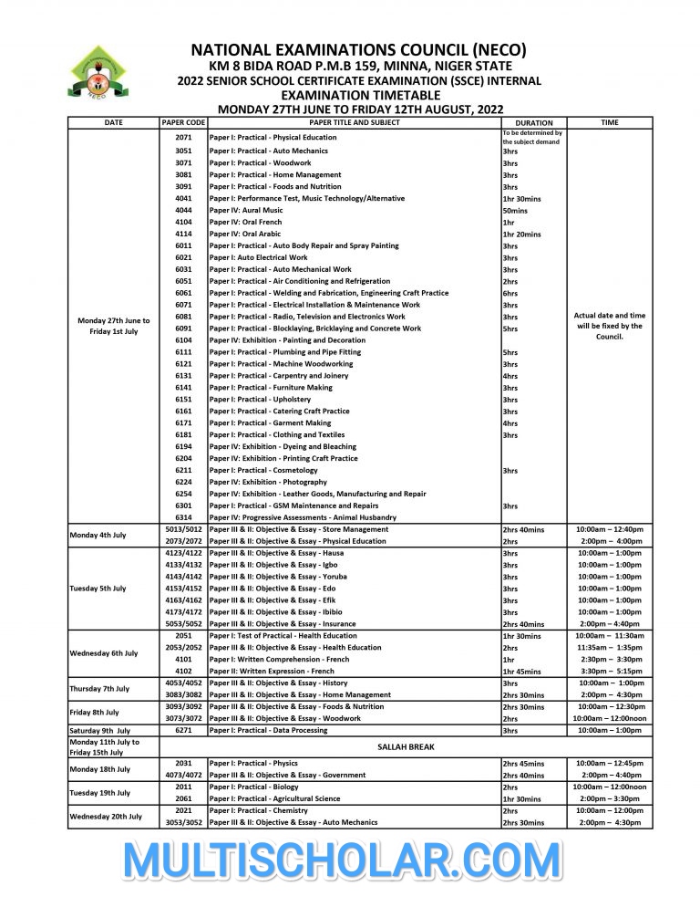 NECO Timetable 2024/2025 — June/July SSCE (DOWNLOAD PDF)