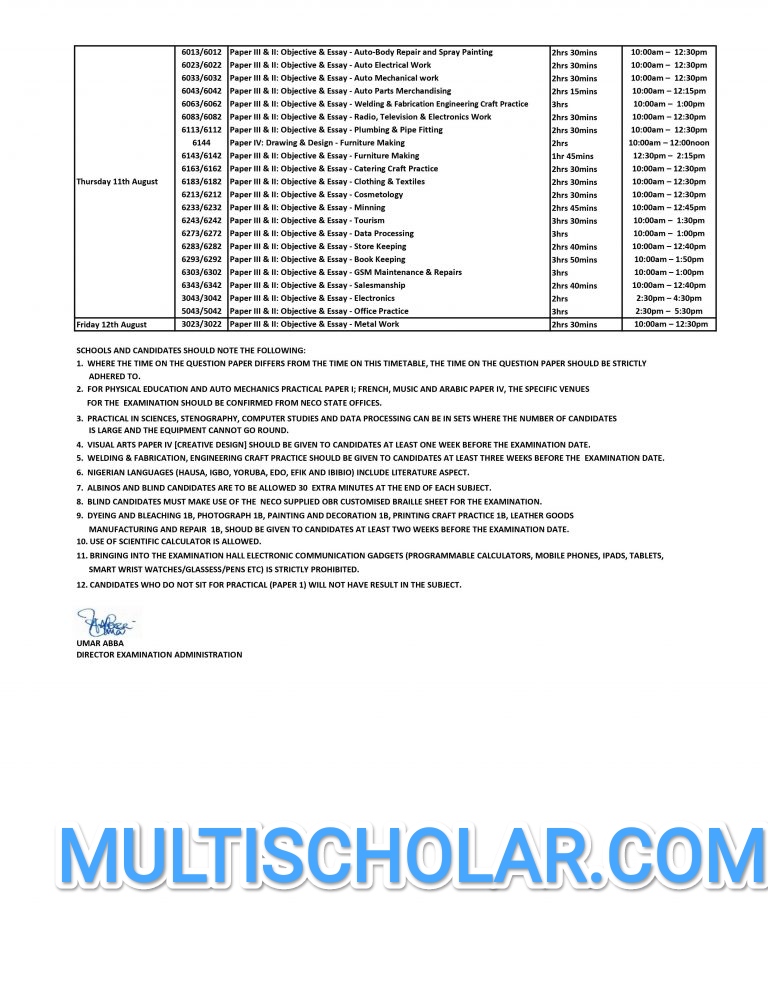 Neco 2024 Timetable Emyle Isidora